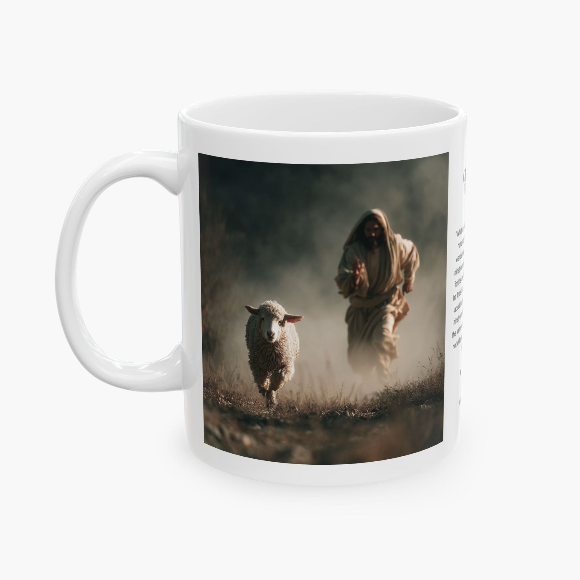 Jesus Running After a Lost Lamb — Christian Coffee Mug