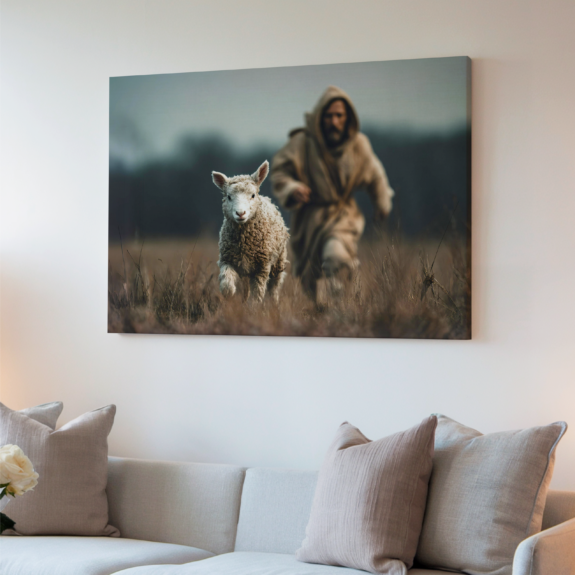 Jesus Chasing a Lost Lamb — Christian Wall Art, Canvas Print