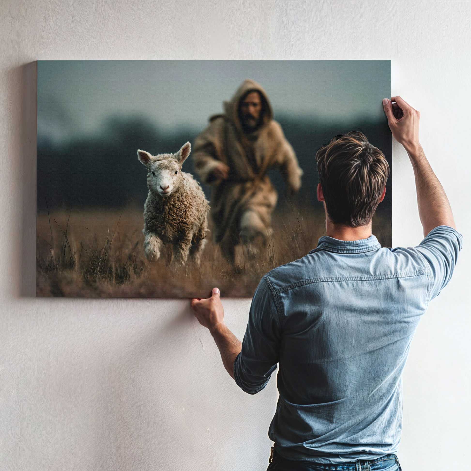 Jesus Chasing a Lost Lamb — Christian Wall Art, Canvas Print