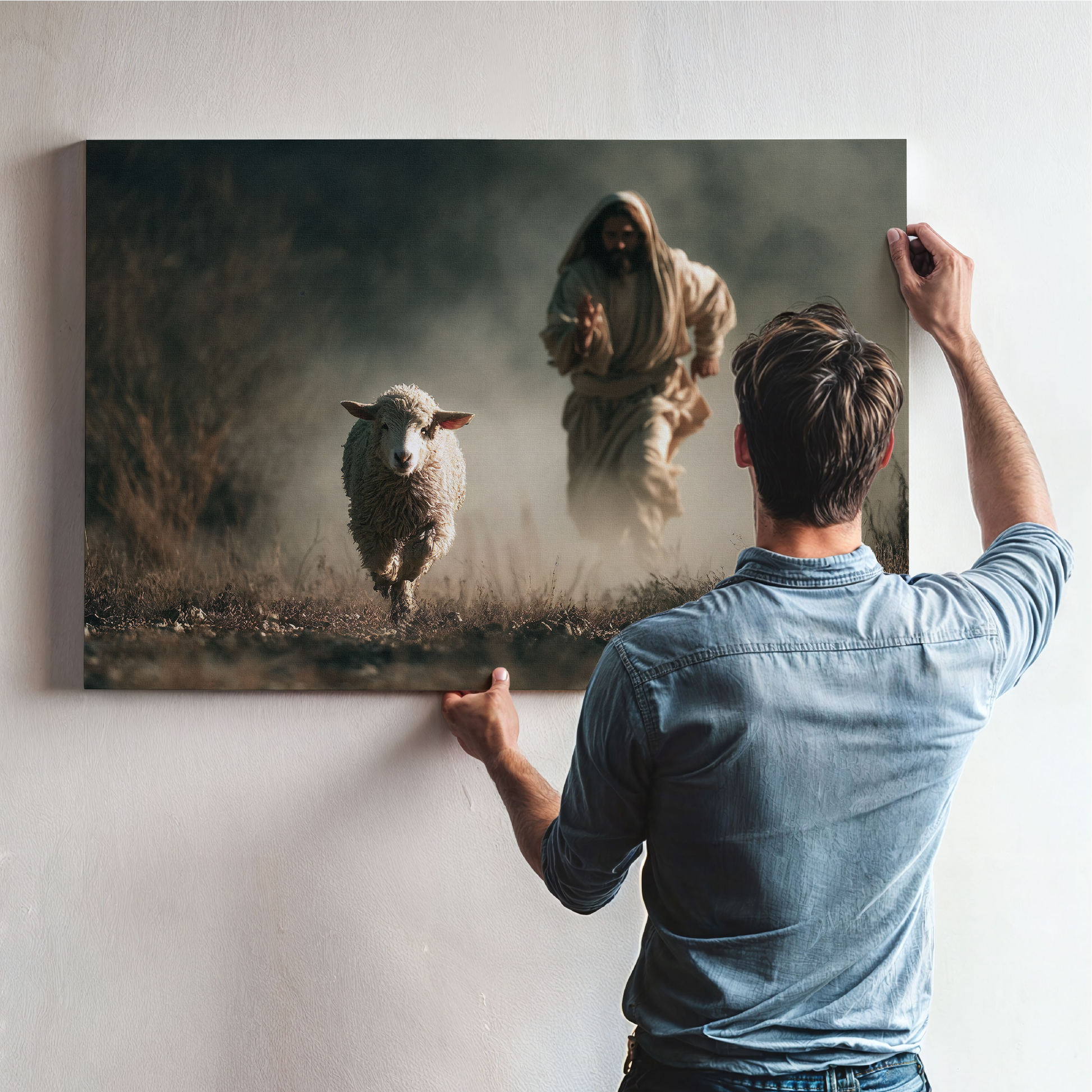 Jesus Running After a Lost Lamb — Christian Wall Art, Canvas Print