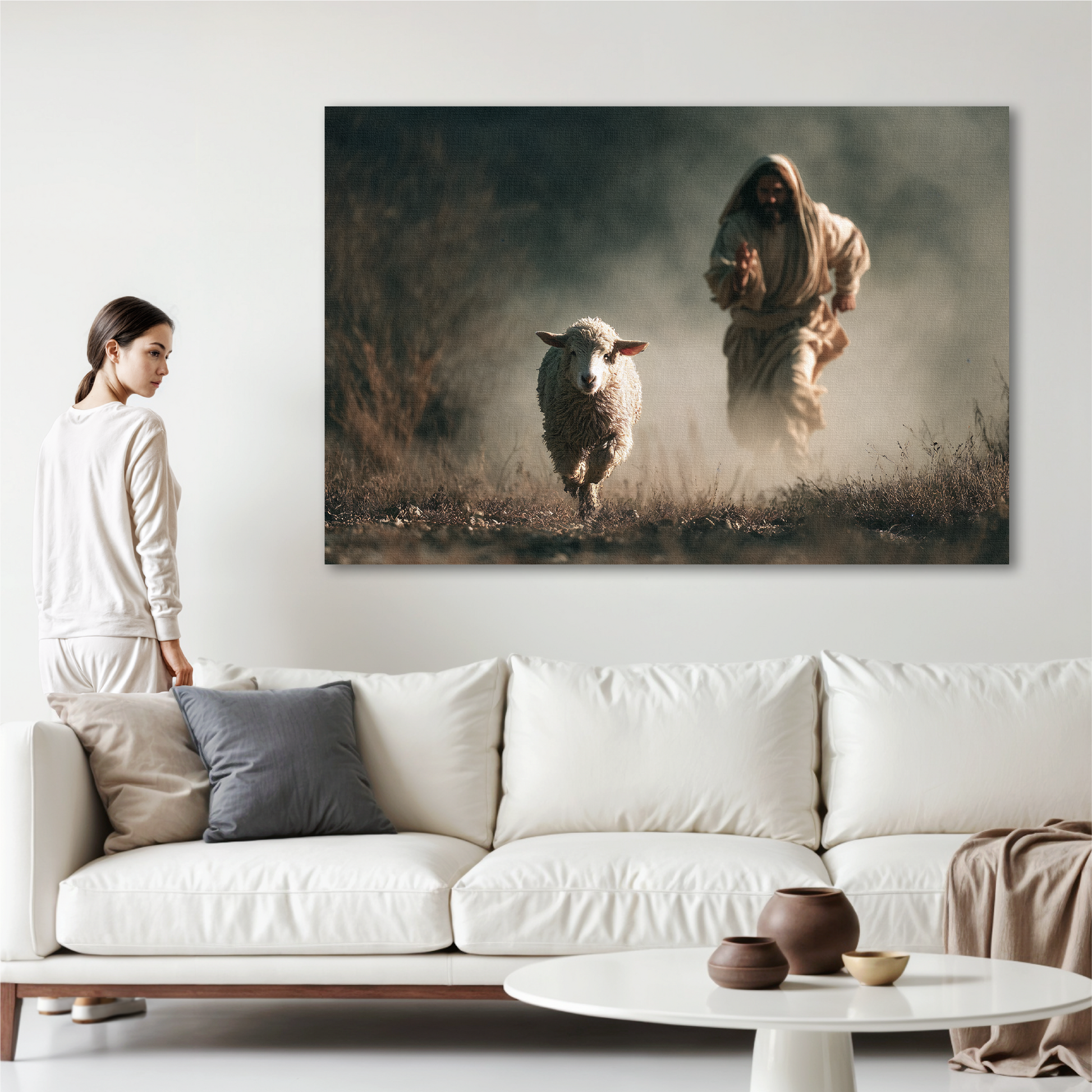 Jesus Running After a Lost Lamb — Christian Wall Art, Canvas Print