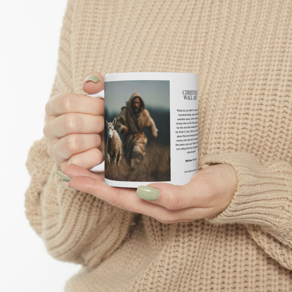 Jesus Chasing a Lost Lamb — Christian Coffee Mug