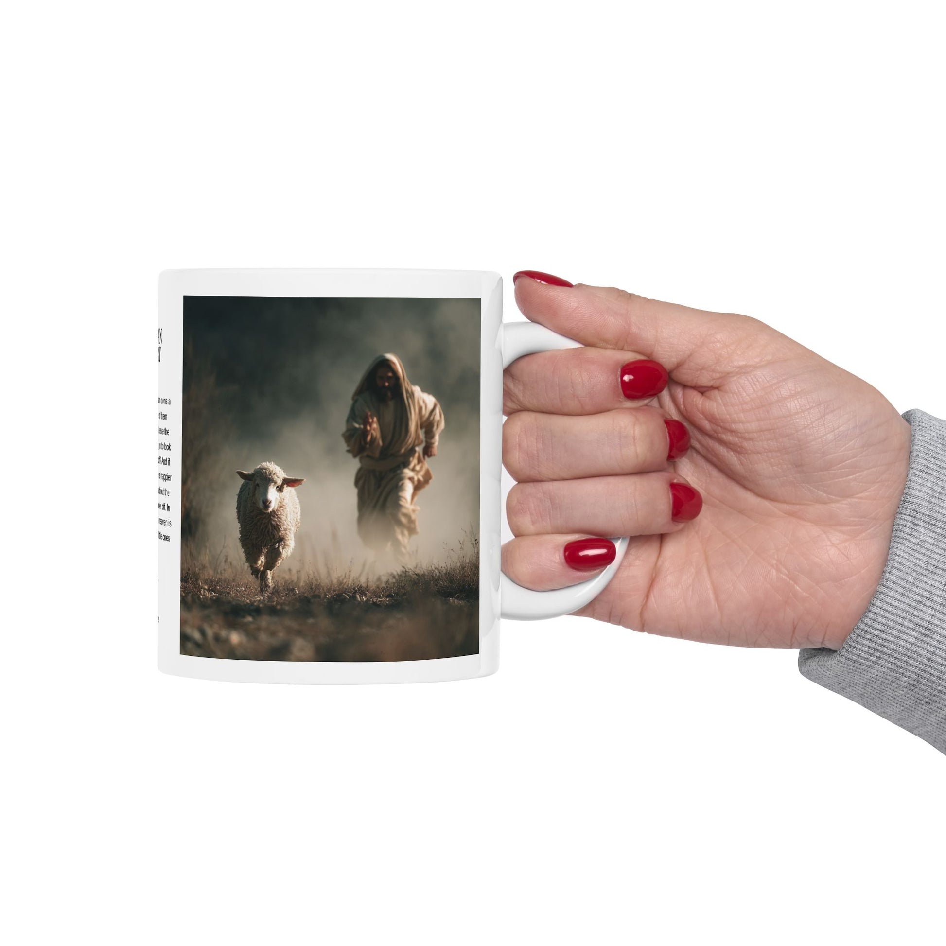 Jesus Running After a Lost Lamb — Christian Coffee Mug