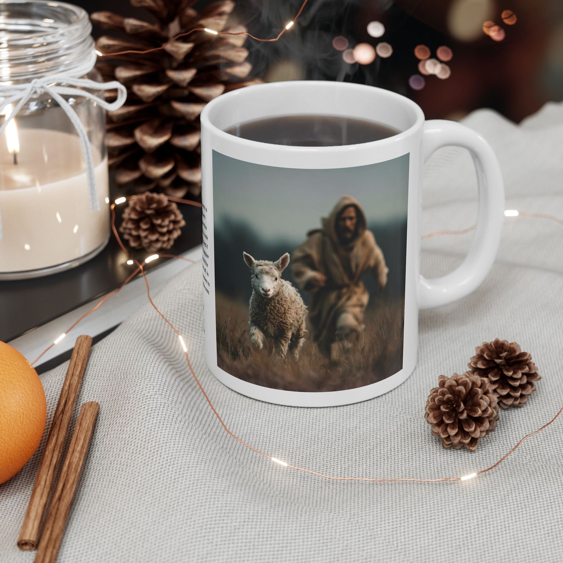 Jesus Chasing a Lost Lamb — Christian Coffee Mug