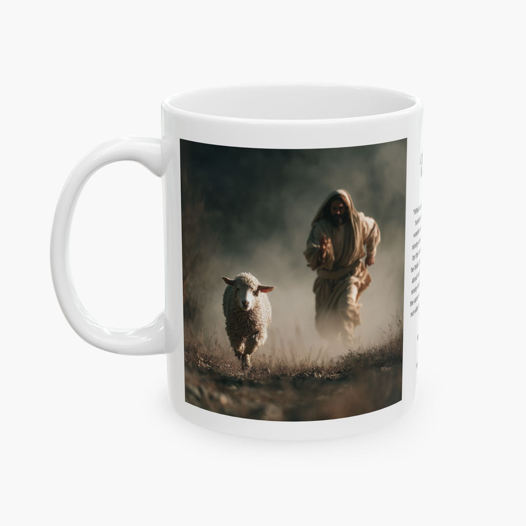 Jesus Running After a Lost Lamb — Christian Coffee Mug