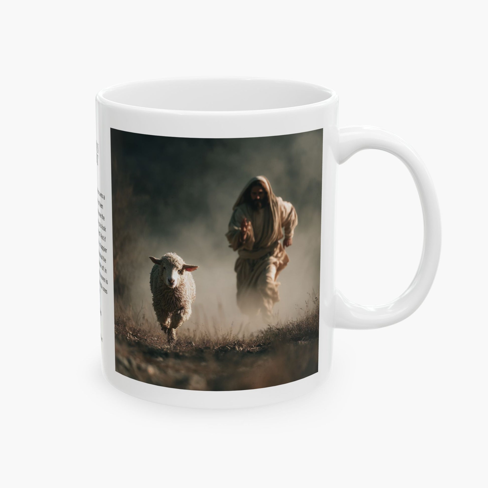 Jesus Running After a Lost Lamb — Christian Coffee Mug