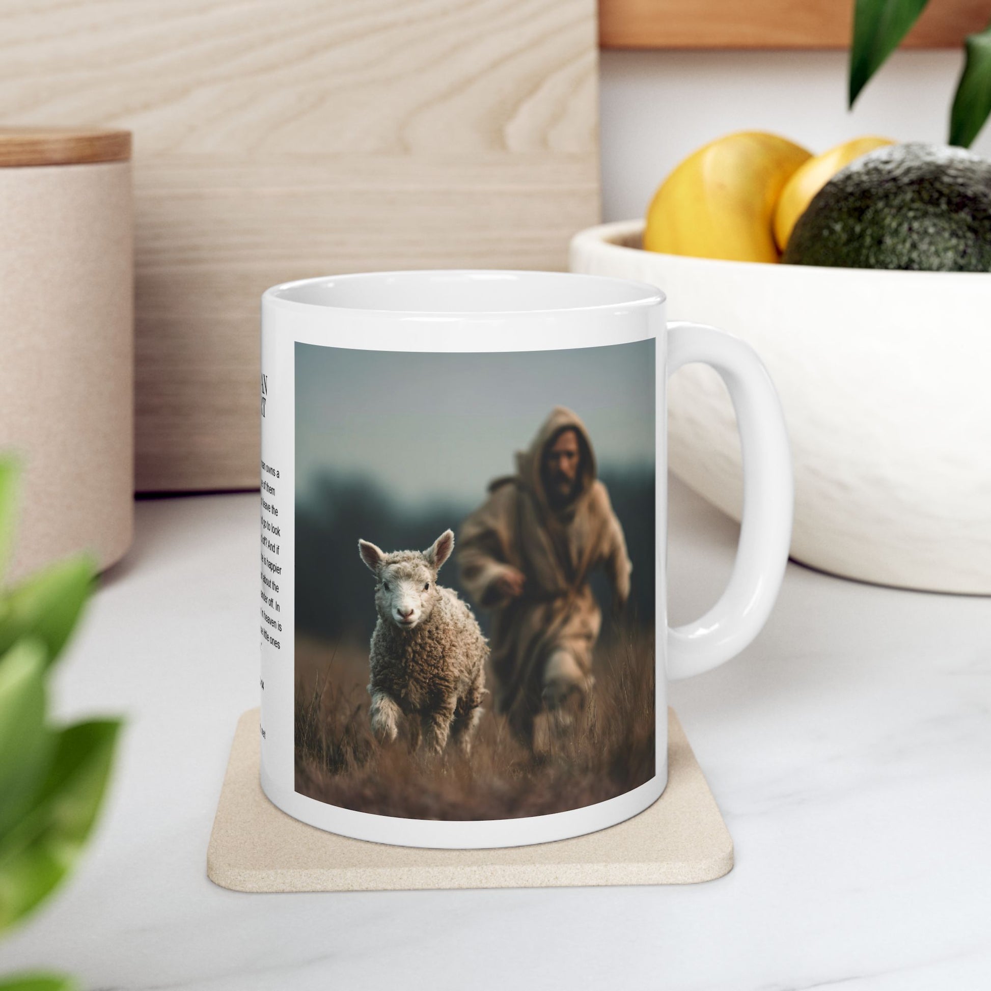 Jesus Chasing a Lost Lamb — Christian Coffee Mug