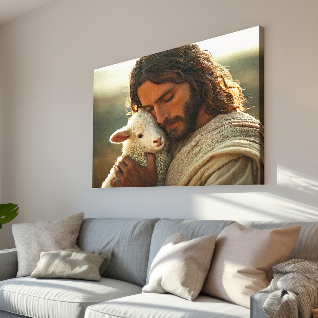 Jesus Hugging a Lamb — Christian Wall Art, Canvas Print