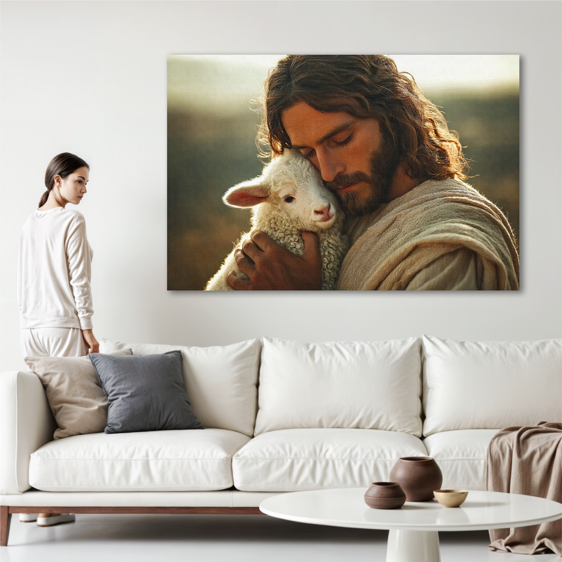 Jesus Hugging a Lamb — Christian Wall Art, Canvas Print