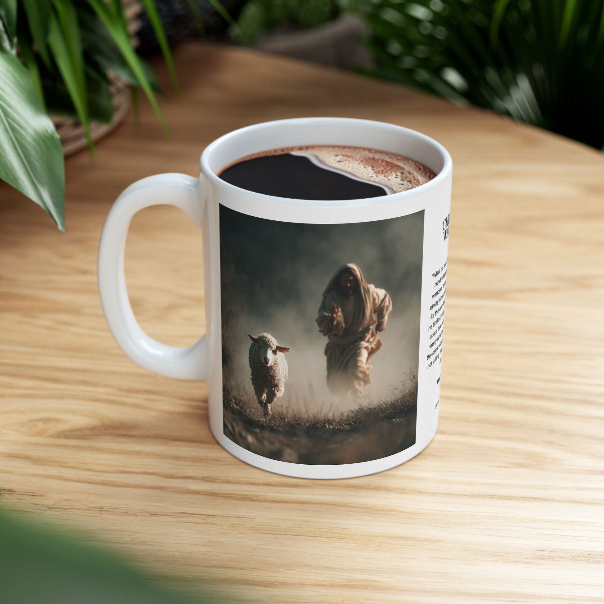 Jesus Running After a Lost Lamb — Christian Coffee Mug