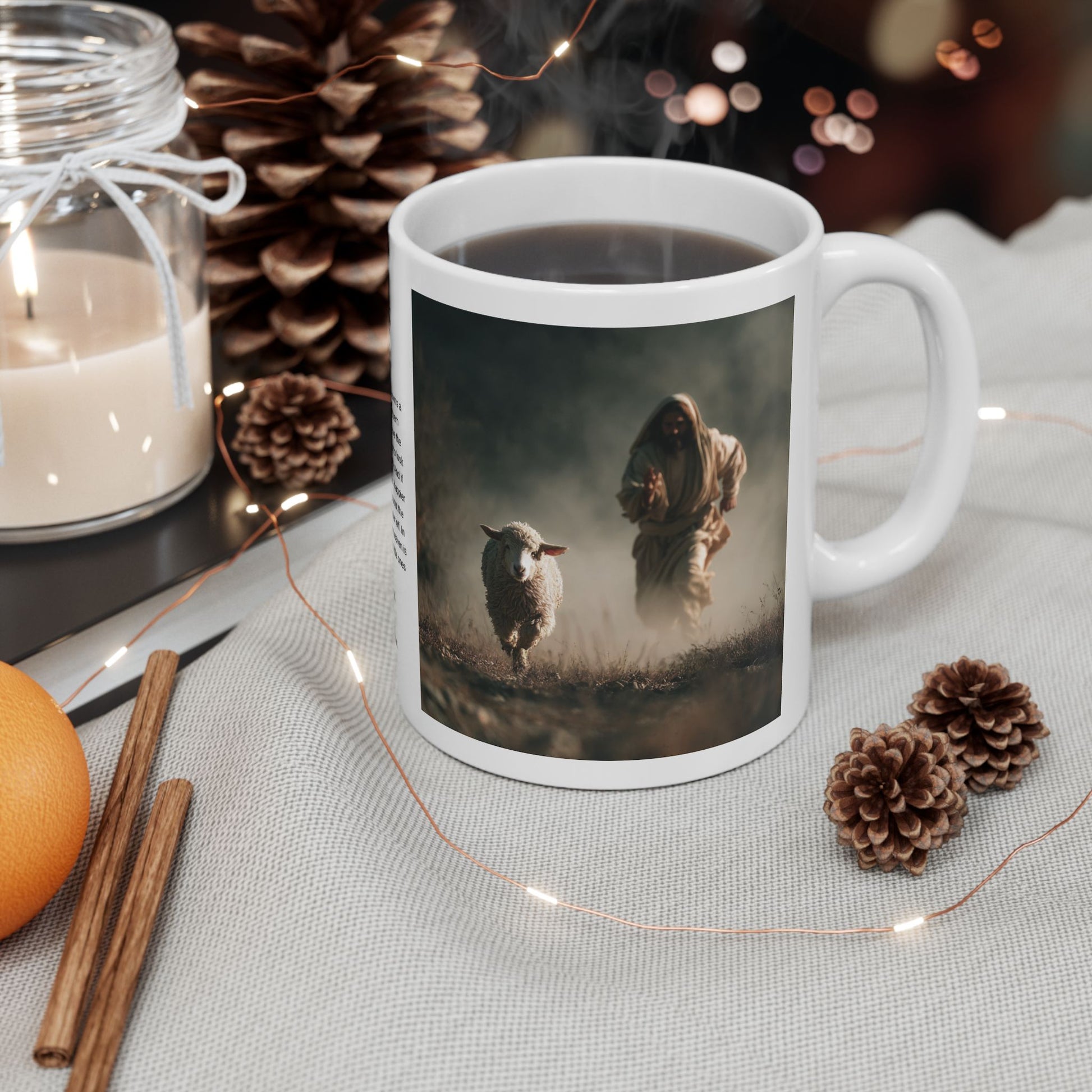Jesus Running After a Lost Lamb — Christian Coffee Mug