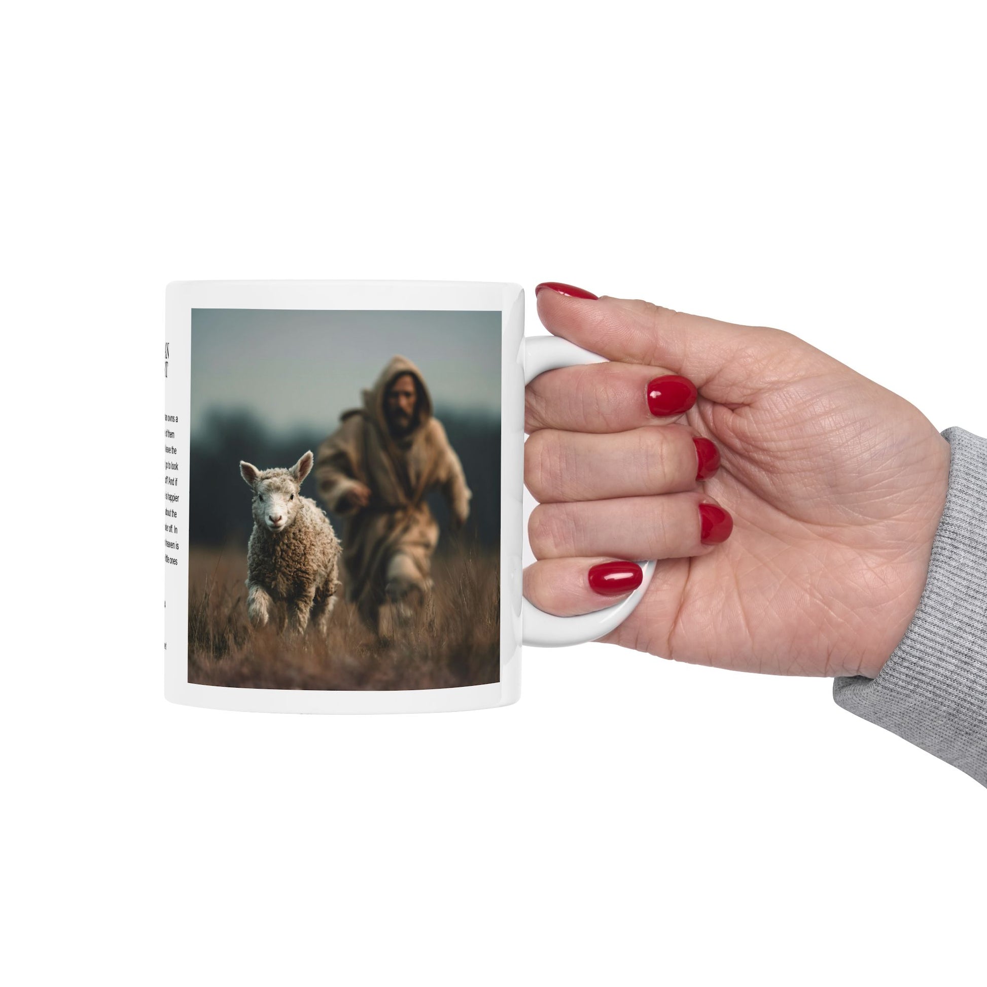 Jesus Chasing a Lost Lamb — Christian Coffee Mug