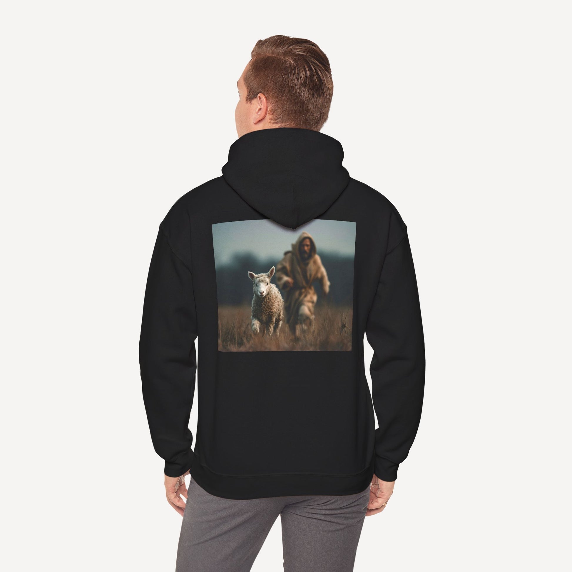 Jesus Chasing a Lost Lamb — Unisex Christian Hoodie