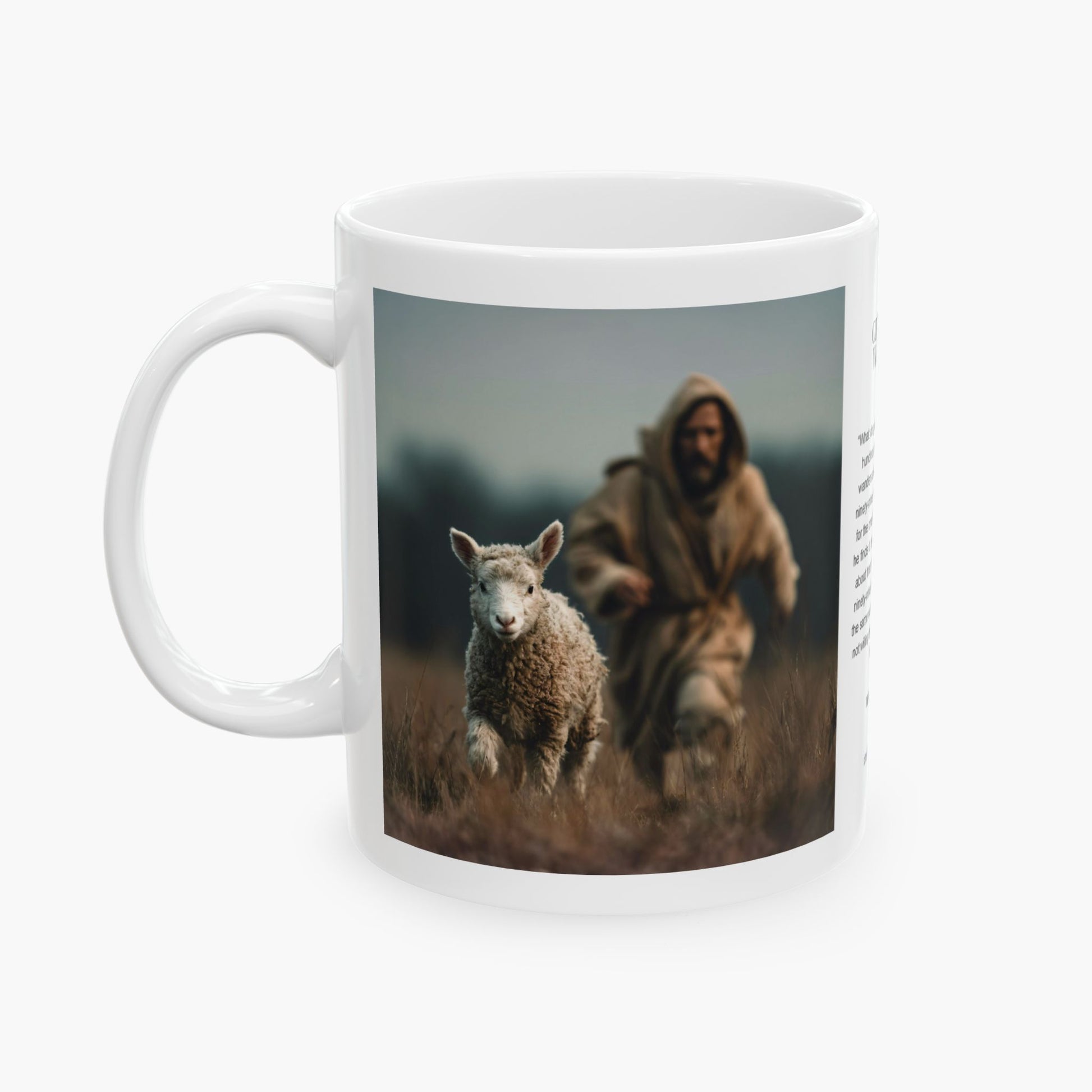 Jesus Chasing a Lost Lamb — Christian Coffee Mug