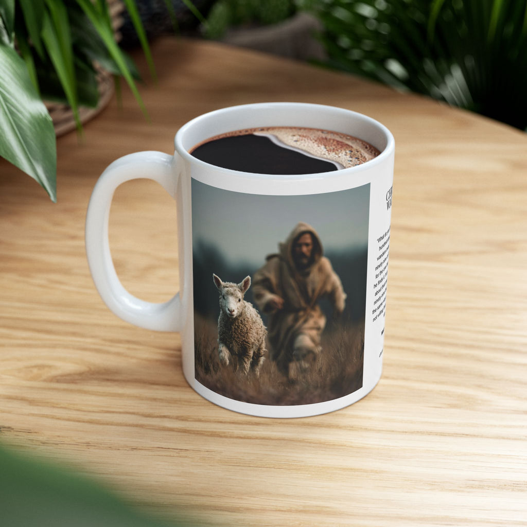 Jesus Chasing a Lost Lamb — Christian Coffee Mug